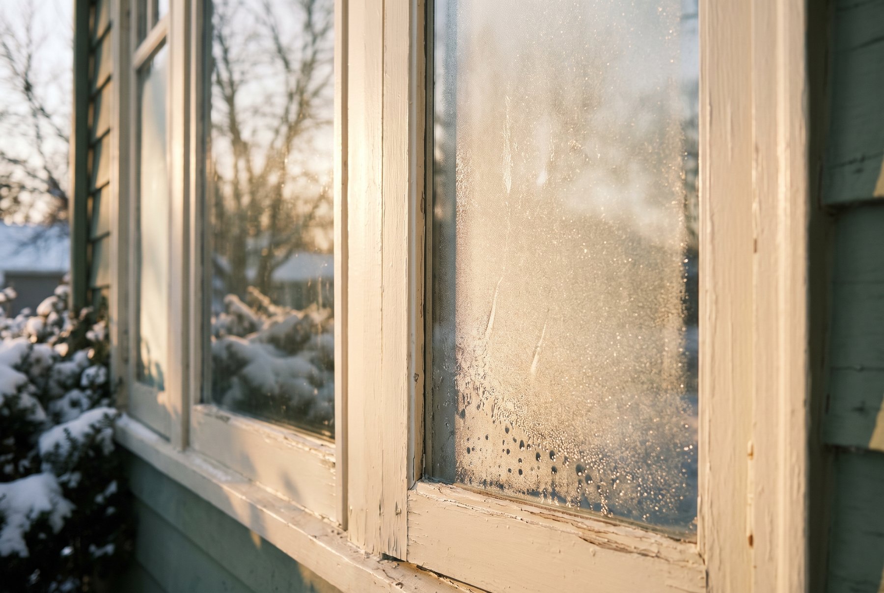 frosted window pane, low winter sun