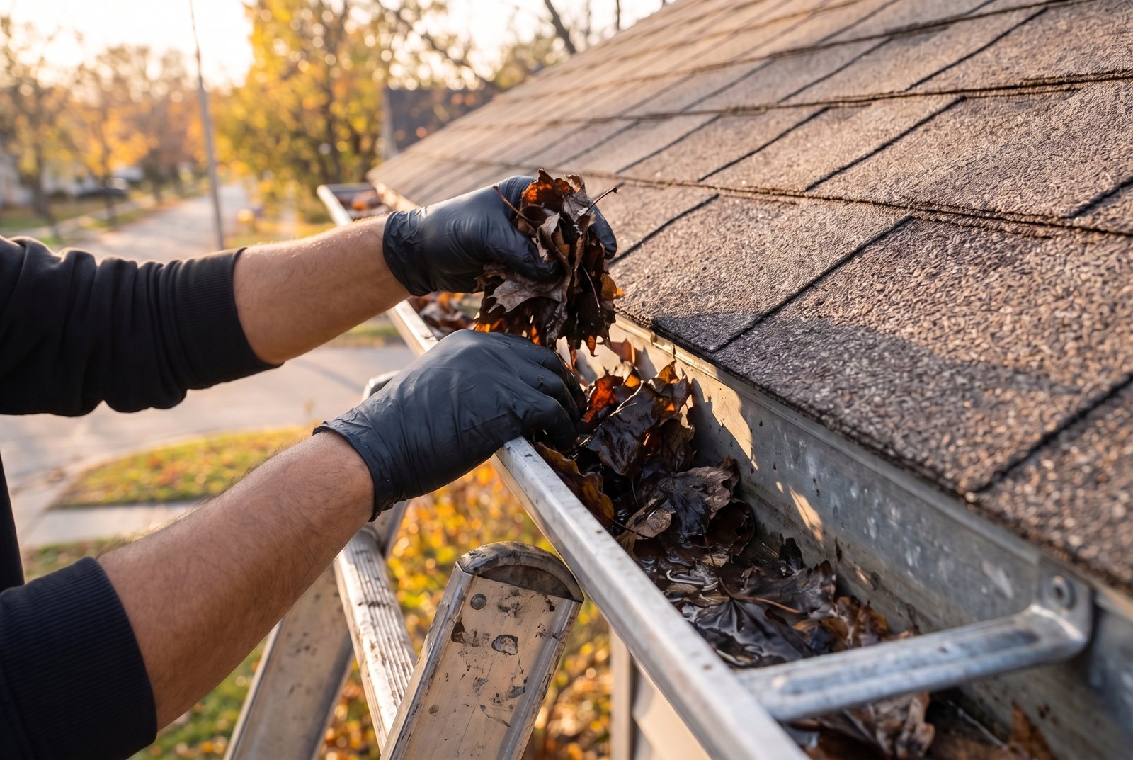 gutter clear-out from a ladder, fall, leaves in the trough